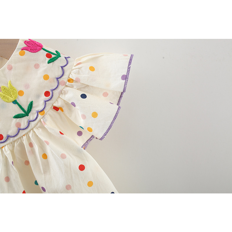 Váy Chấm Bi Mùa Hè Cổ Thêu hoa, Tay Cánh Tiên Cúc Cài Sau