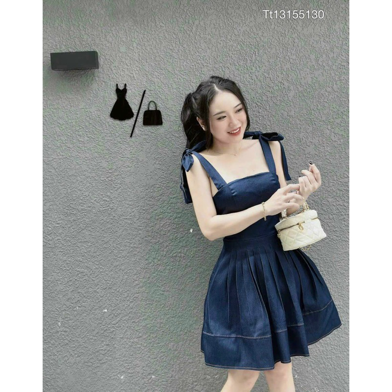 Đầm xoè jean demin 2 dây nơ vai dễ thương  TRIPBLE T DRESS - Free size dưới 54kg - MS21HD