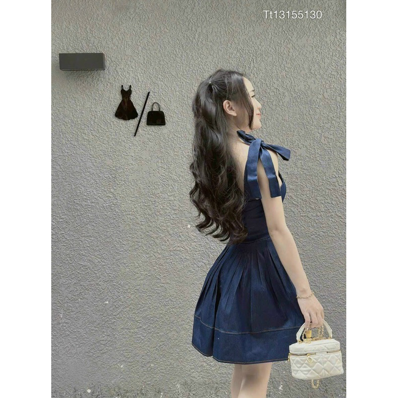 Đầm xoè jean demin 2 dây nơ vai dễ thương  TRIPBLE T DRESS - Free size dưới 54kg - MS21HD
