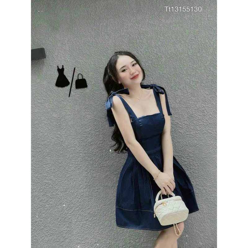 Đầm xoè jean demin 2 dây nơ vai dễ thương  TRIPBLE T DRESS - Free size dưới 54kg - MS21HD