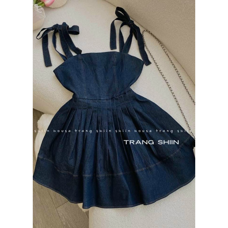 Đầm xoè jean demin 2 dây nơ vai dễ thương  TRIPBLE T DRESS - Free size dưới 54kg - MS21HD