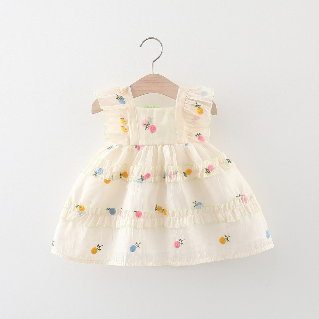 Đầm Công Chúa Bé Gái Mùa Hè Tay Cánh Tiên Dây Đang Sau Lưng, Chất Tơ Có Lót Trong