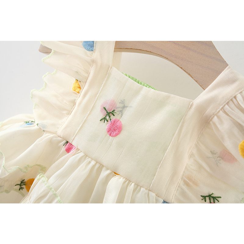 Đầm Công Chúa Bé Gái Mùa Hè Tay Cánh Tiên Dây Đang Sau Lưng, Chất Tơ Có Lót Trong