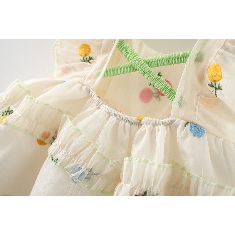 Đầm Công Chúa Bé Gái Mùa Hè Tay Cánh Tiên Dây Đang Sau Lưng, Chất Tơ Có Lót Trong