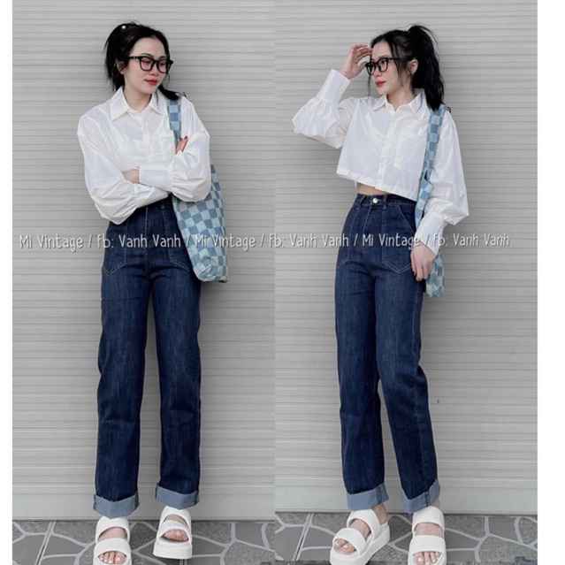 Set jeans dài co giãn ống đứng + crop sơ mi tay dài