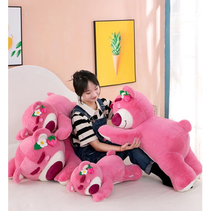 Gấu Dâu Bông Lotso Dâu Huggin Bear Lông Xù Nằm Dễ Thương Mềm Mịn Cao Cấp