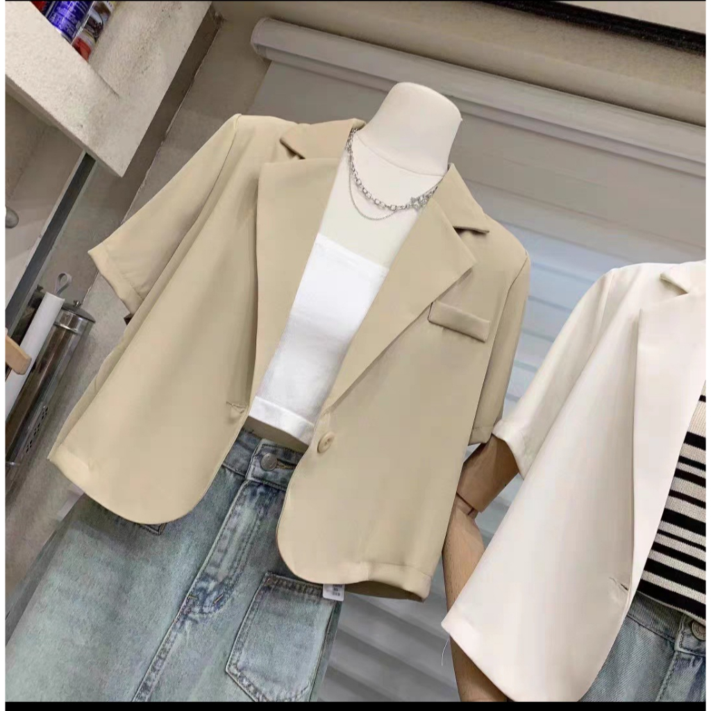 Áo Vest Croptop Nữ Ngắn Tay Áo khoác Blazer nữ Chất Trượt hàn Cao Cấp Hàng Thiết Kế Tay Lỡ Dáng ngắn Phong Cách Hàn Quốc