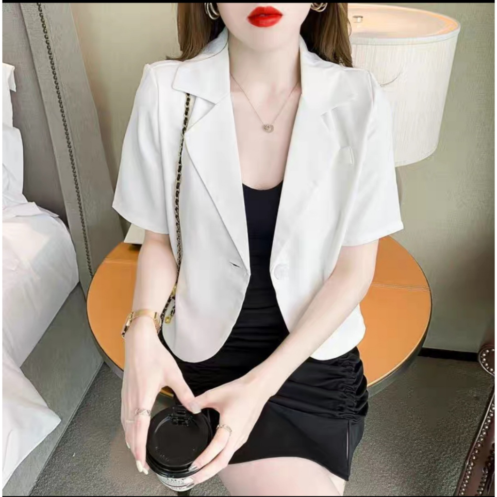 Áo Vest Croptop Nữ Ngắn Tay Áo khoác Blazer nữ Chất Trượt hàn Cao Cấp Hàng Thiết Kế Tay Lỡ Dáng ngắn Phong Cách Hàn Quốc