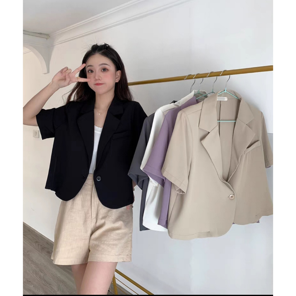 Áo Vest Croptop Nữ Ngắn Tay Áo khoác Blazer nữ Chất Trượt hàn Cao Cấp Hàng Thiết Kế Tay Lỡ Dáng ngắn Phong Cách Hàn Quốc