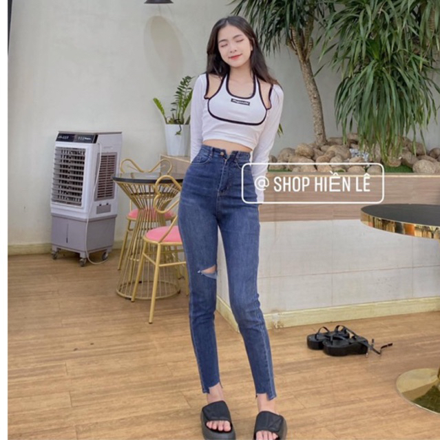 Set jeans dài co giãn rách gấu L + áo gân tay dài yếm thêu muguazhi
