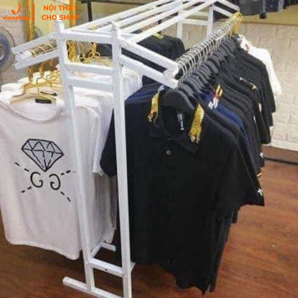 [Kho sào kệ cho shop] Xào kệ đôi, sào treo đồ 2 bên có kệ trên và dưới để đồ. Giá treo đồ sắt sơn tĩnh điện VNS-028