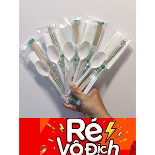 Combo 50 Bộ  Đũa-Muỗng-Khăn Giấy-Tăm Dùng 1 Lần ( đóng gói như hình ) Chọn Màu Muỗng, Có Setup Bộ Theo Yêu Cầu