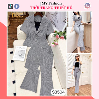 S3504 Set áo croptop xám cổ vest quần cạp cao ống loe dáng dài sang chảnh