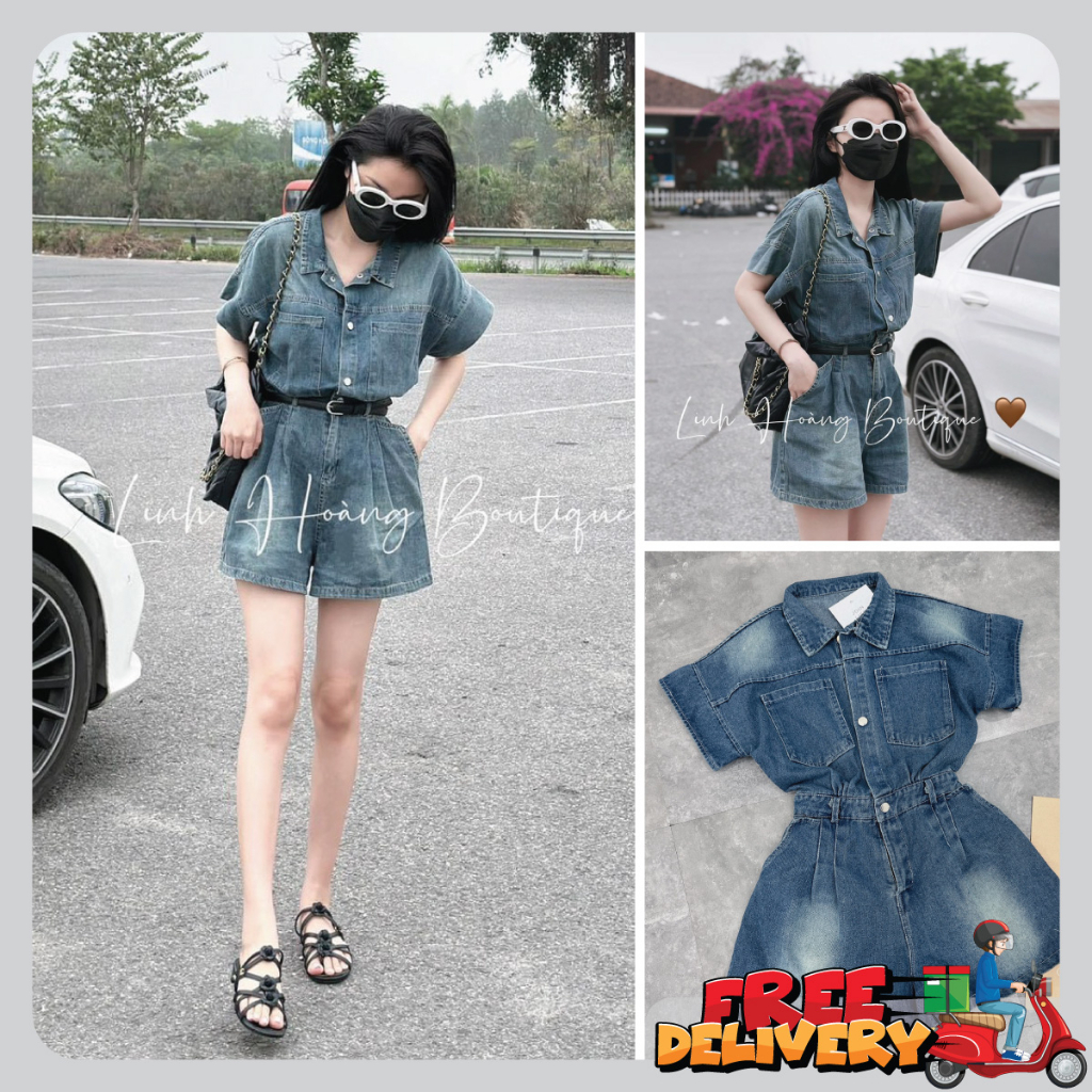 Bộ set Jumpsuit nữ cổ sơ mi liền, set demin jean tôn dáng Tặng BELT, quần áo nữ thời trang, hàng thiết kế L1