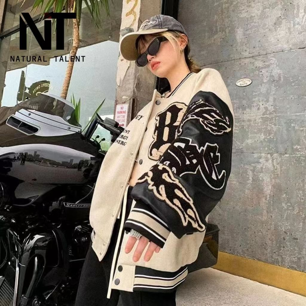 Áo Khoác Bóng Chày Chất Dạ Ép Phối Tay Da PU Họa Tiết Thêu Nổi Áo Khoác Hoodie Nam Nữ