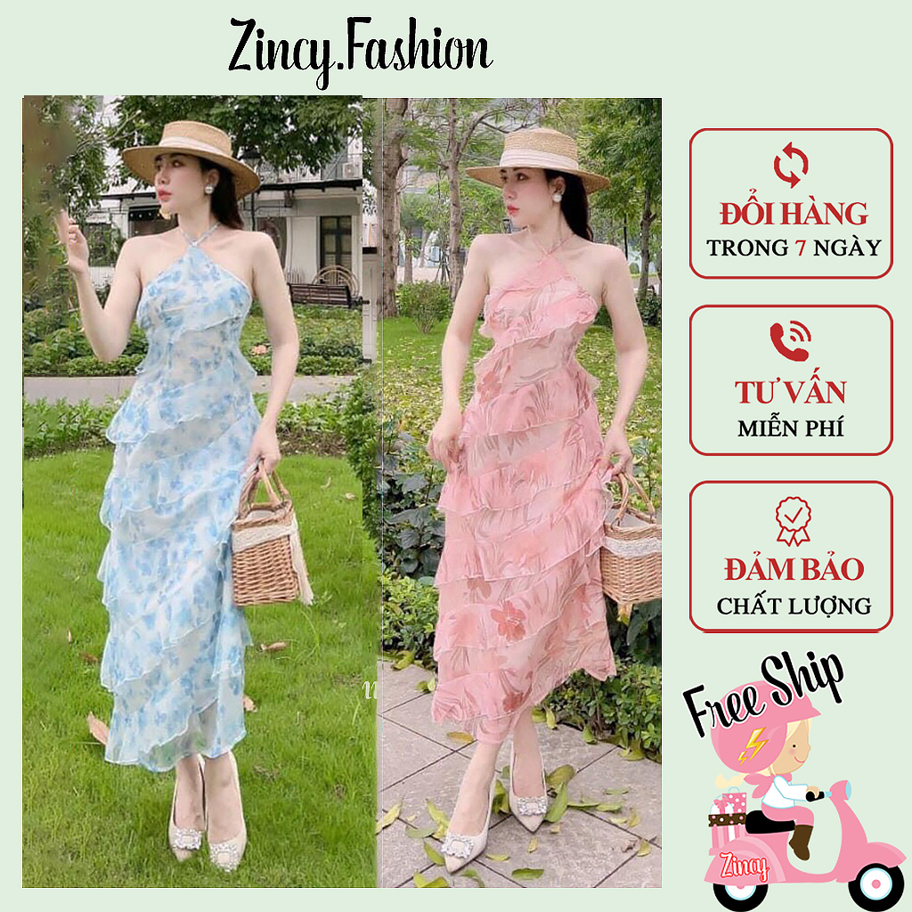Đầm yếm hoa dáng dài đi biển đi tiệc, váy maxi nữ phối bèo tầng Zincy YHOBE002