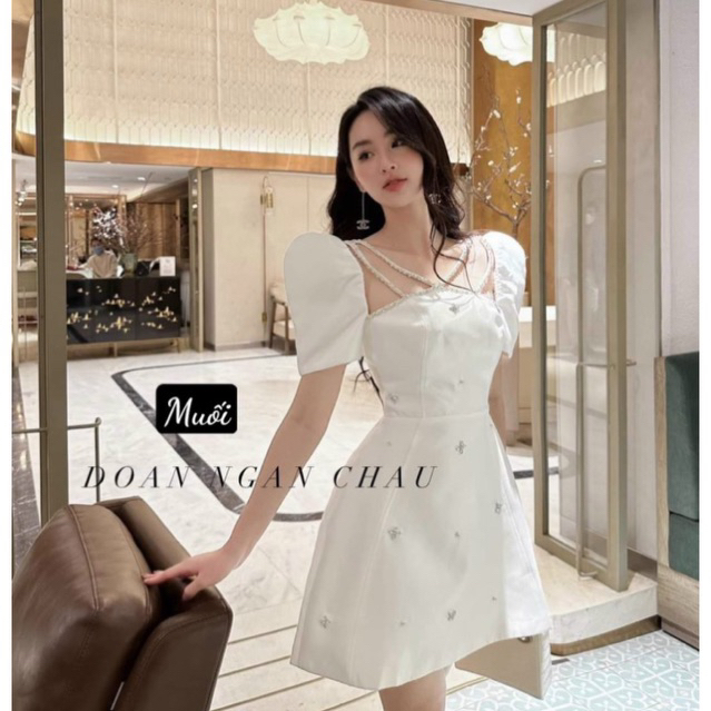 Đầm dự tiệc váy nữ trắng vải tacta loại 1 cổ dây đính đá cao cấp HN Deesign ( kèm ảnh thật)