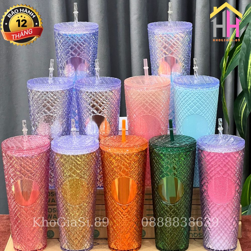 Ly Giữ Nhiệt Hoạ Tiết Kim Cương 2 Lớp Nhựa ABS Cao Cấp, Giữ Nhiệt 2-4h, Dung Tích 710ml Tặng Kèm Ống Hút