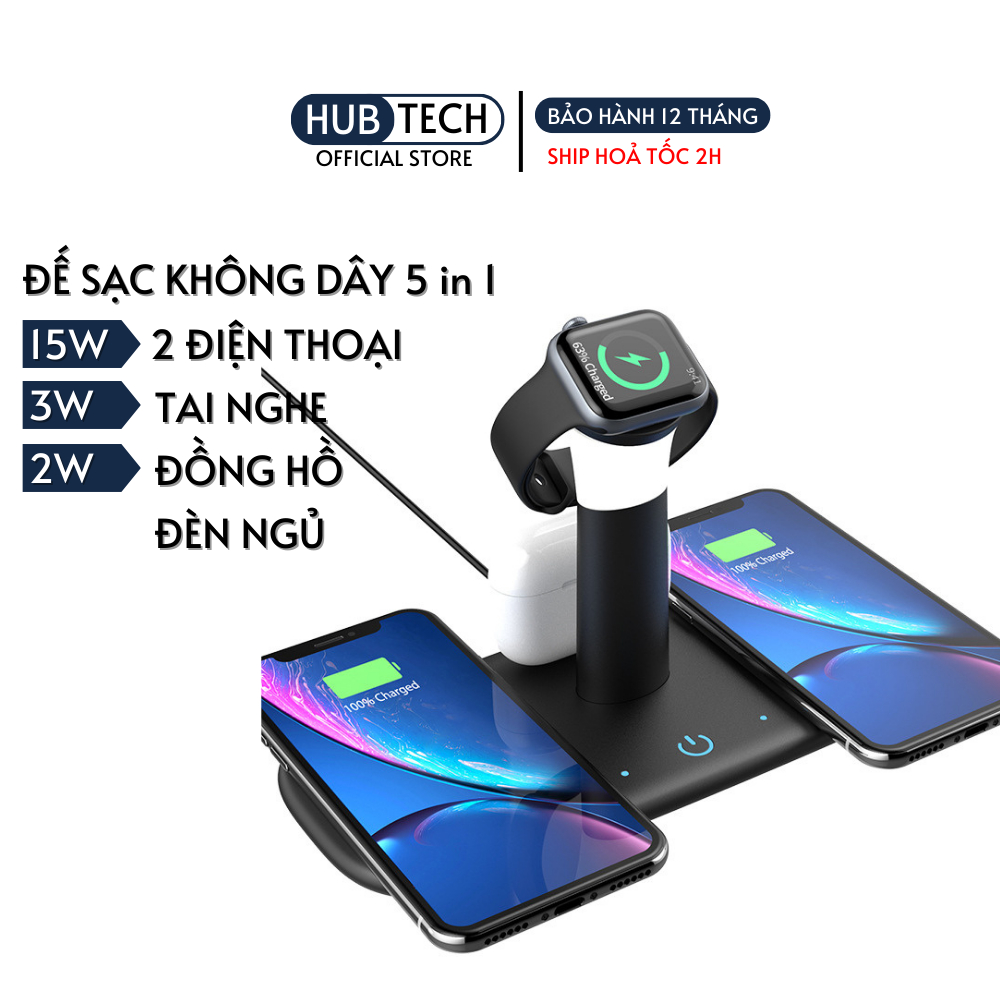 Đế Sạc ko dây đồng hồ táo 5 in 1 Tiện Dụng cho 2 điện thoại, đồng hồ thông minh, tai nghe, đèn ngủ-Bảo hành 1 đổi 1