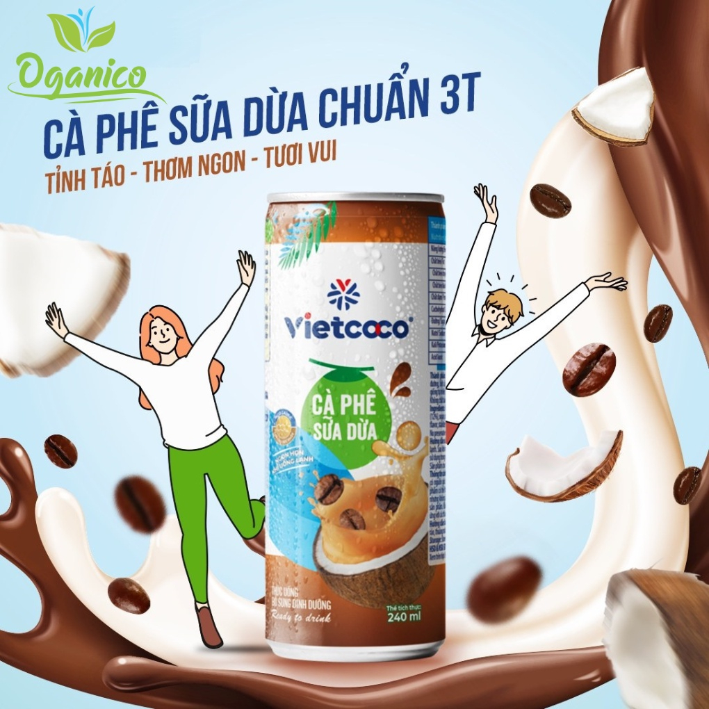 CAFE SỮA DỪA , SỮA DỪA CAFE , MATCHA, ĐƯỜNG ĐEN LON NHÔM VIETCOCO 240ML/ THƠM NGON TỰ NHIÊN