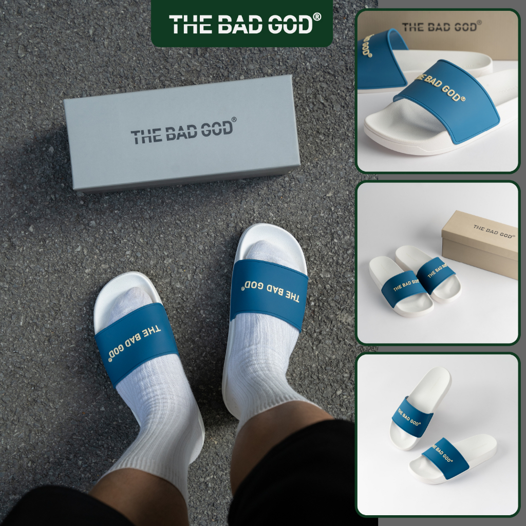 Dép quai ngang slipper The Bad God trắng quai xanh fullbox X06 White Blue