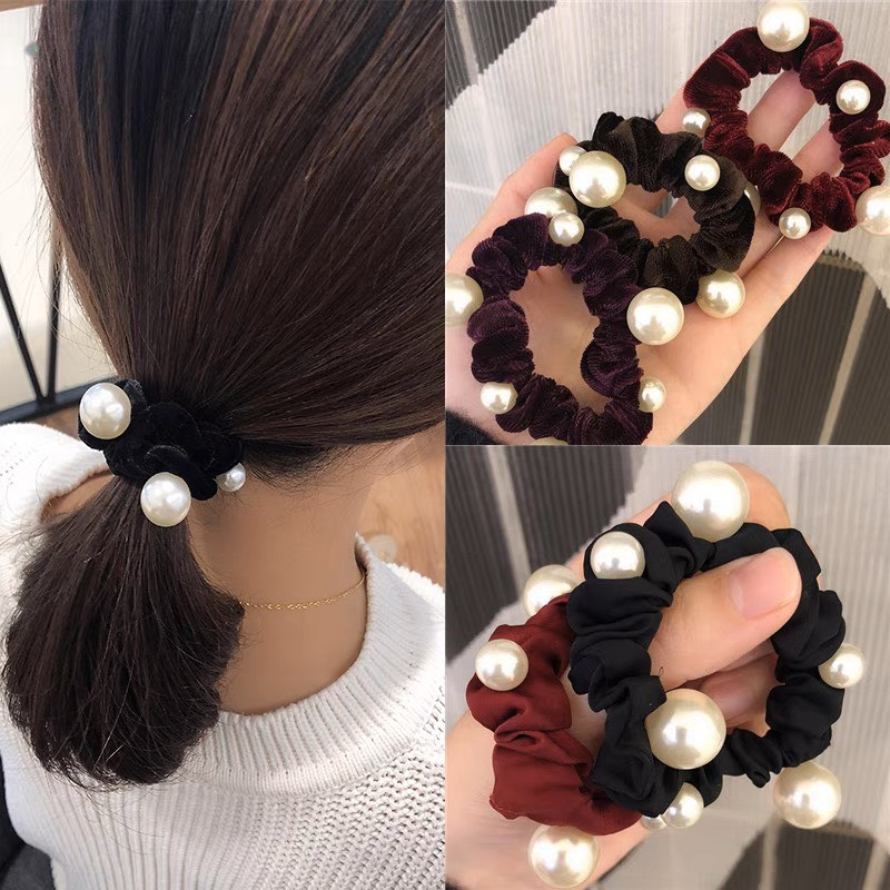 Sét 10 Dây Cột Tóc Nhung Đính Hạt Cho Nữ