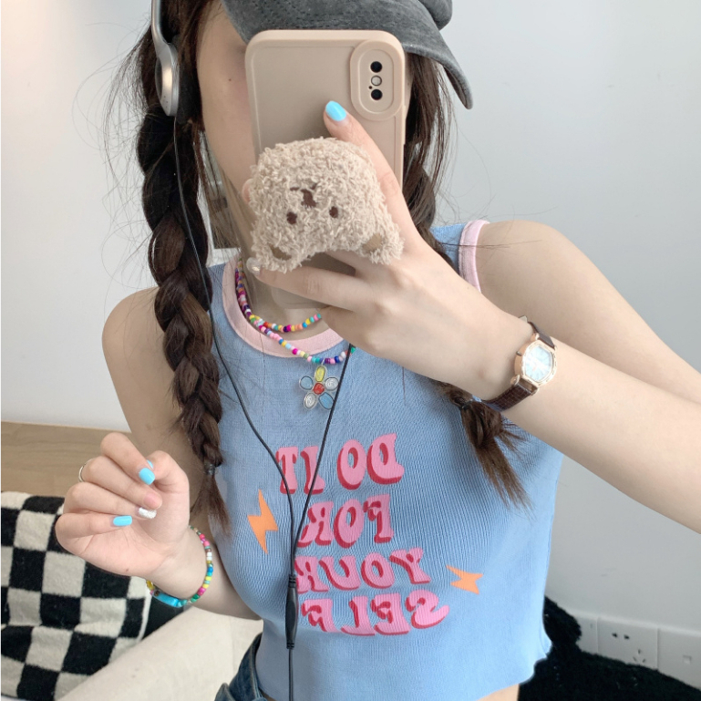 Áo tank top ngắn dáng ôm cổ tròn phối màu thời trang phong cách trẻ trung năng động