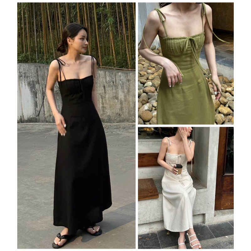 Đầm hai dây linen xếp ngực nơ vai dáng maxi xoè dài