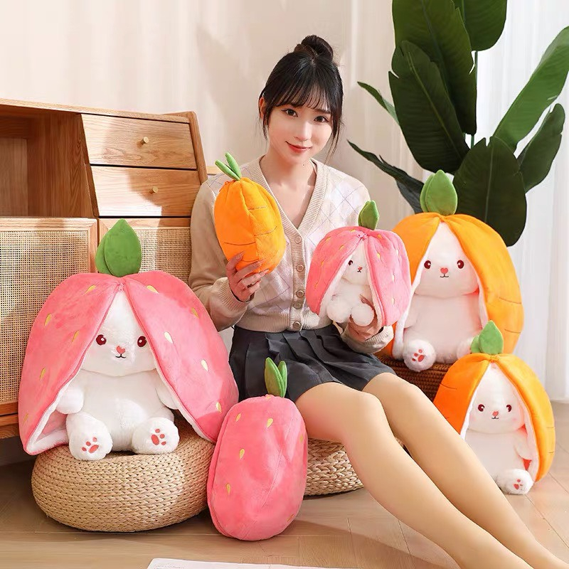 Thỏ Nhồi Bông Tai Dài 2 in 1 - Thỏ Quả Bông Trái Cây Cosplay Dâu Và Cà Rốt Quà Tặng Dễ Thương