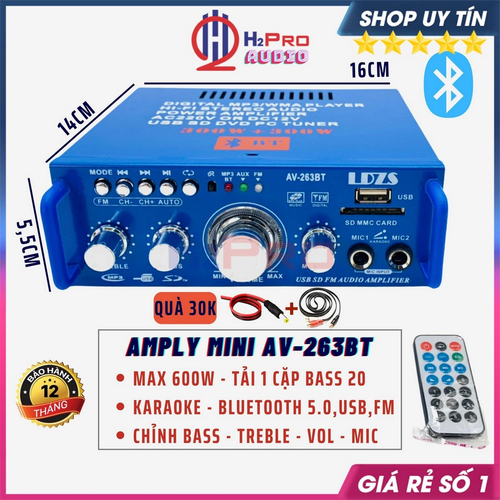 Amply Mini Bluetooth 12V Av-263Bt 600W, Nghe Nhạc Bluetooth Usb-Radio Fm-Hát Karaoke, Bán Hàng Rong, Quà 30K-H2Pro Audio