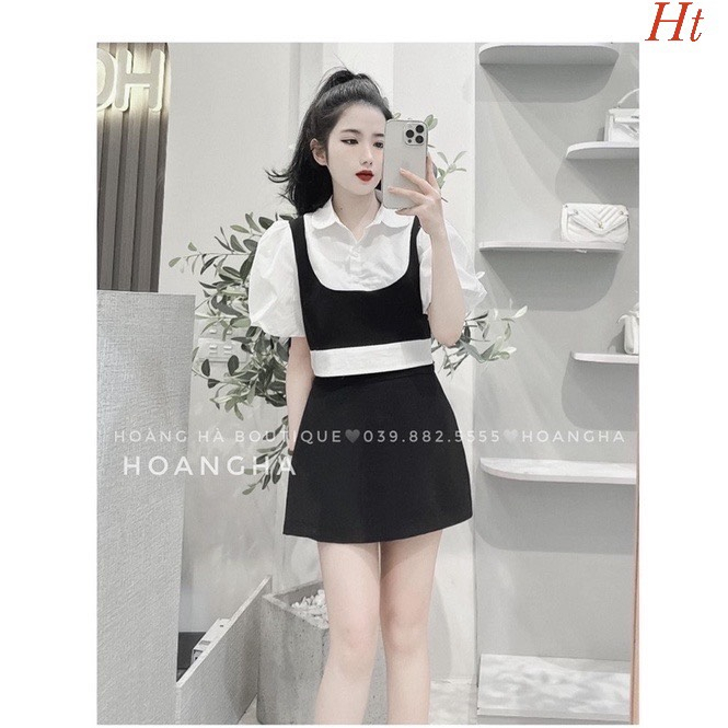 💕𝐅𝐑𝐄𝐄𝐒𝐇𝐈𝐏💕Sét áo sơmi tay phồng phối gile mix chân váy chữ A sang chảnh , tiểu thư cho các bạn nữ , Linh beautiful