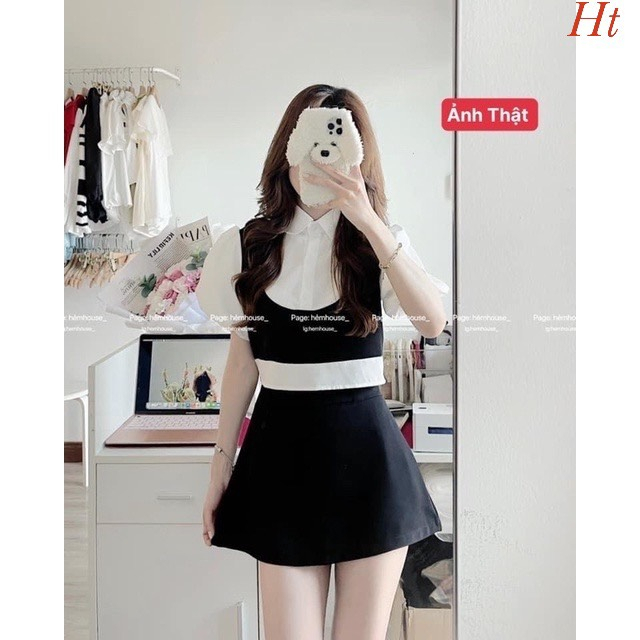 💕𝐅𝐑𝐄𝐄𝐒𝐇𝐈𝐏💕Sét áo sơmi tay phồng phối gile mix chân váy chữ A sang chảnh , tiểu thư cho các bạn nữ , Linh beautiful