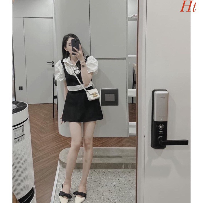 💕𝐅𝐑𝐄𝐄𝐒𝐇𝐈𝐏💕Sét áo sơmi tay phồng phối gile mix chân váy chữ A sang chảnh , tiểu thư cho các bạn nữ , Linh beautiful