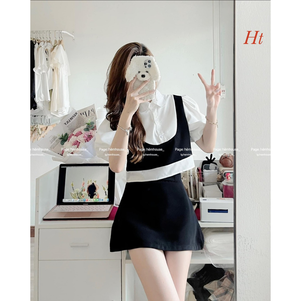 💕𝐅𝐑𝐄𝐄𝐒𝐇𝐈𝐏💕Sét áo sơmi tay phồng phối gile mix chân váy chữ A sang chảnh , tiểu thư cho các bạn nữ , Linh beautiful