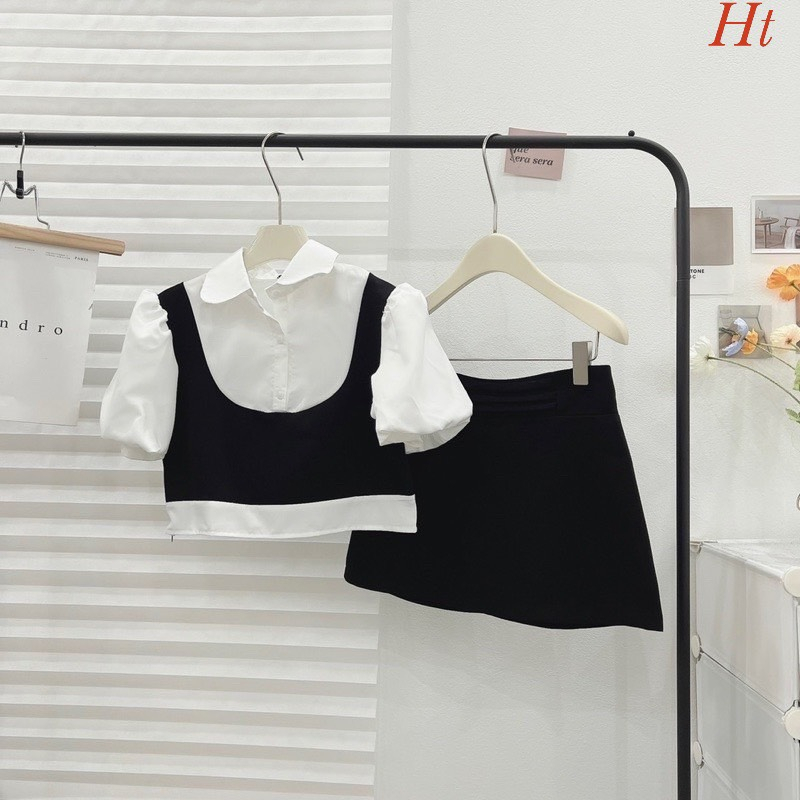 💕𝐅𝐑𝐄𝐄𝐒𝐇𝐈𝐏💕Sét áo sơmi tay phồng phối gile mix chân váy chữ A sang chảnh , tiểu thư cho các bạn nữ , Linh beautiful