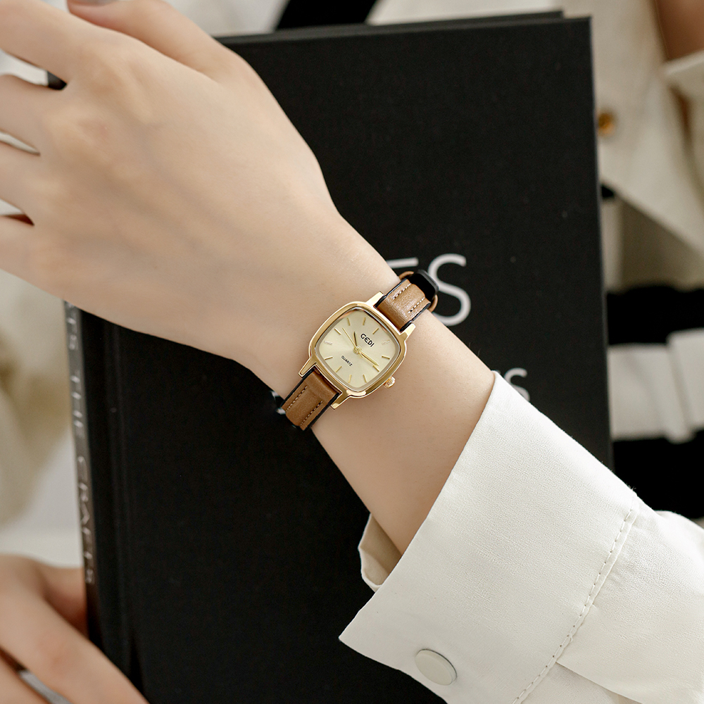 Đồng hồ nữ đeo tay dây da mặt vuông đẹp chống nước chính hãng LaCy Watch V27