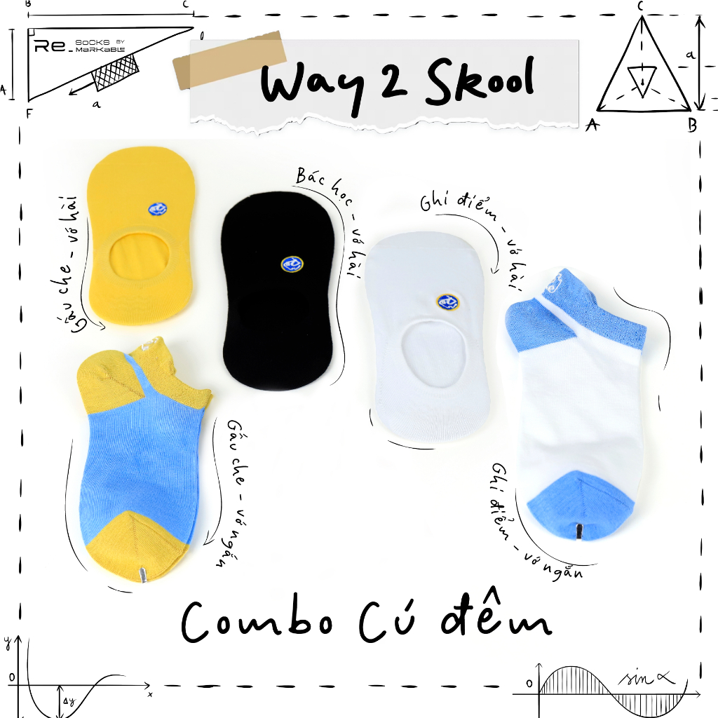 Combo Cú Đêm - Hộp 5 đôi vớ/tất Remarkable Vietnam - BST Học Đường - Thời Trang, Mềm mịn, Thoáng khí