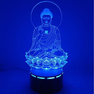 (Zentadv) Bộ đèn led 3D đế gỗ Phật A Di Đà