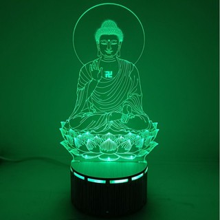 (Zentadv) Bộ đèn led 3D đế gỗ Phật A Di Đà