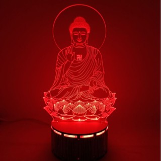 (Zentadv) Bộ đèn led 3D đế gỗ Phật A Di Đà