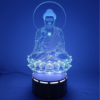 (Zentadv) Bộ đèn led 3D đế gỗ Phật A Di Đà