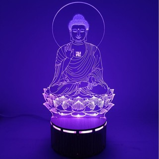 (Zentadv) Bộ đèn led 3D đế gỗ Phật A Di Đà