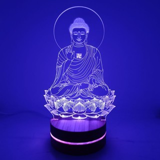(Zentadv) Bộ đèn led 3D đế gỗ Phật A Di Đà