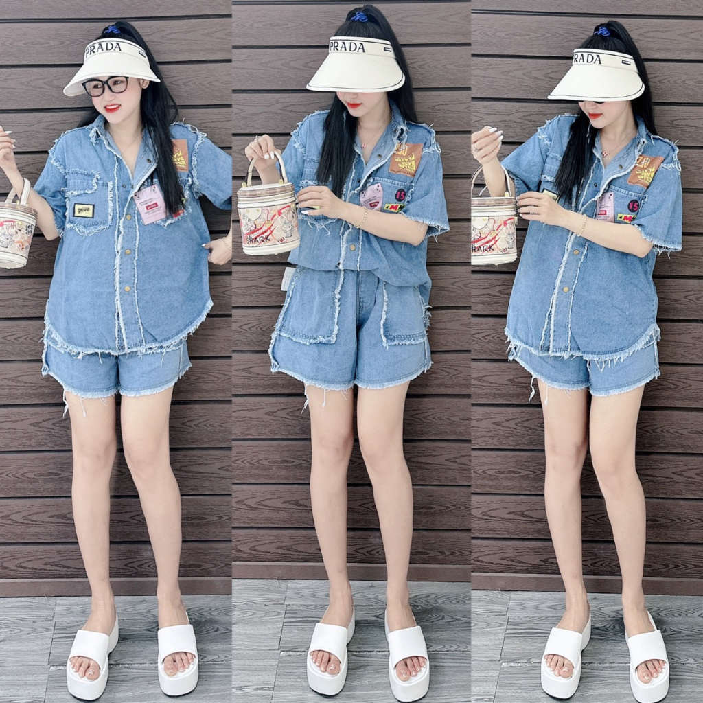 Set bò denim rách tua rua in hình cúc bấm kèm quần sooc cáp chun - Anna.Store