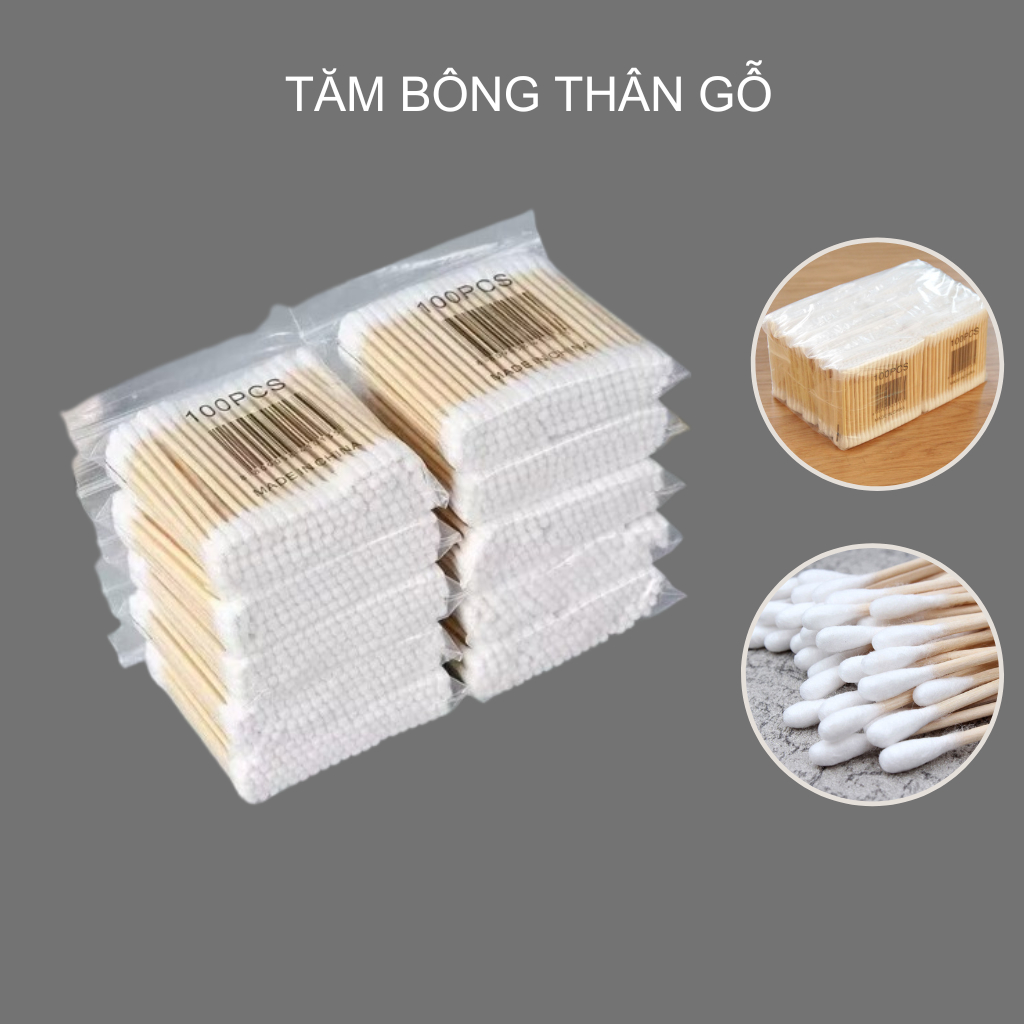 Tăm bông ngoáy tai,100 bông ráy tai thân gỗ khử trùng 2 đầu thân thiện với môi trường