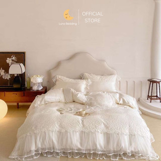 Bộ chăn ga gối lụa tencel 100s thêu vân chìm phối ren trắng công chúa luna bedding