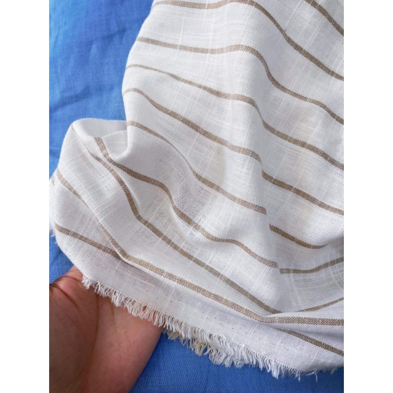 Vải linen tưng Rustic sọc nhí xanh nền trắng- SỌC xanh đậu