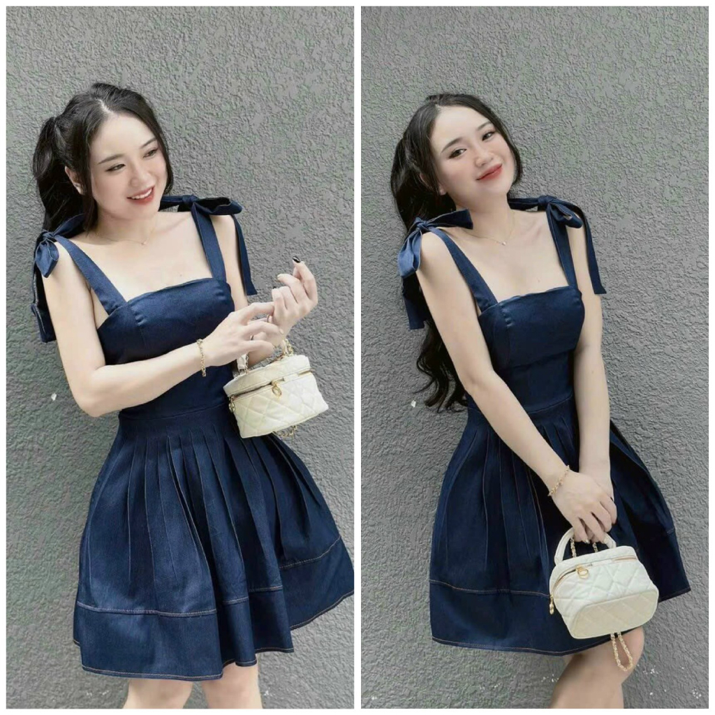 Đầm váy nữ hai dây buộc nơ mix dáng váy xếp ly xòe ngắn xinh xắn dành cho các nàng diện đi chơi, hẹn hò siêu xinh.