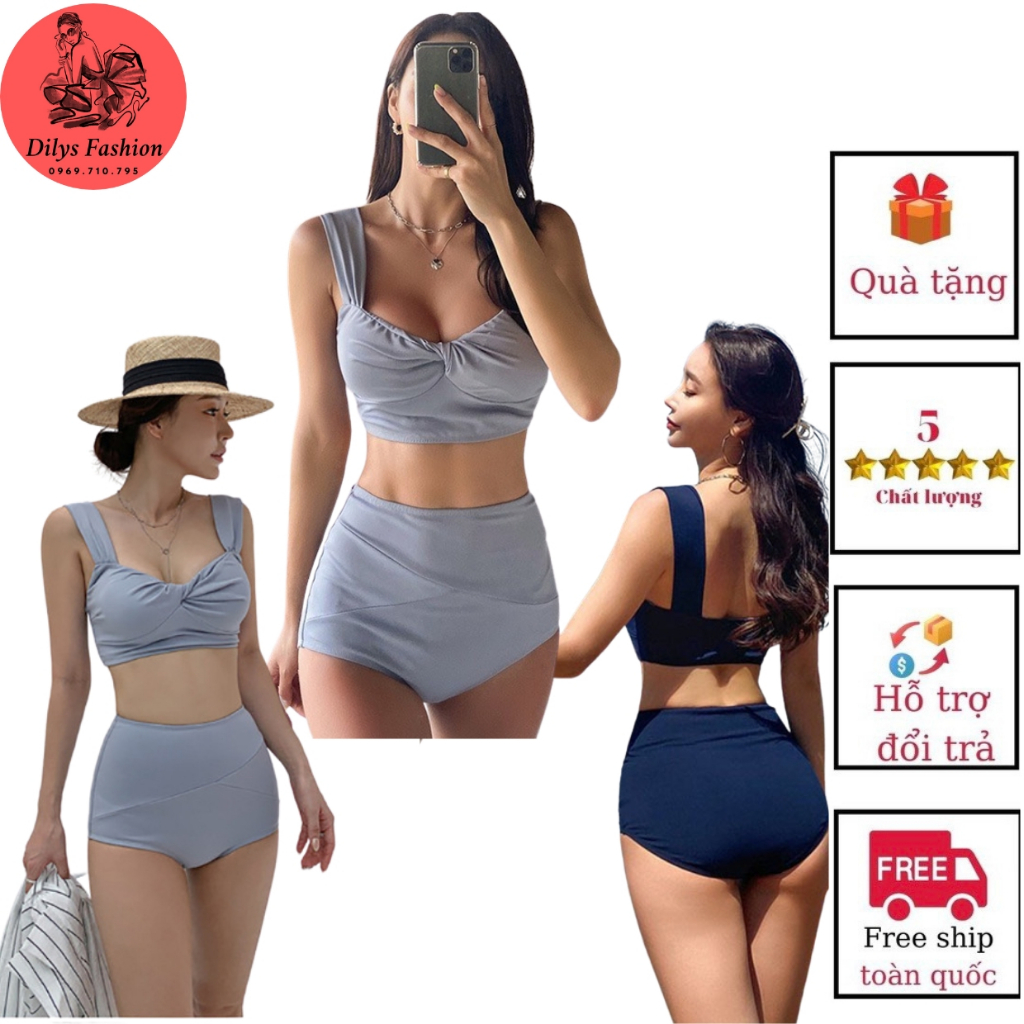 Bikini đi biển kín đáo DILYSFASHION ĐB2301, Đồ bơi nữ 2 mảnh phong cách hàn quốc áo xoắn ngực quần cạp cao không lộ bụng