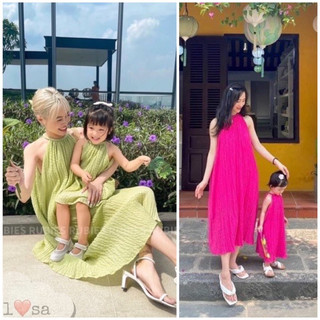 Sét váy maxi mẹ bé lụa tằm xinh yêu kèm bờm
